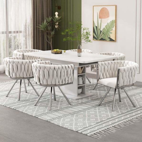 Esszimmerstuhl 6er Set 72cm×54cm×59cm – drehbar, mit Samtbezug, Stahlgestell in Beige/Silber