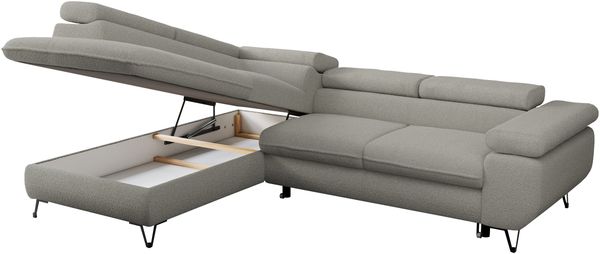 Mks Möbel 'Peter L-form' Ecksofa mit Bettfunktion, Bettkasten & einstellbaren Kopfstützen, Hellgrau, Boucle, mit Topper, links Bild 5
