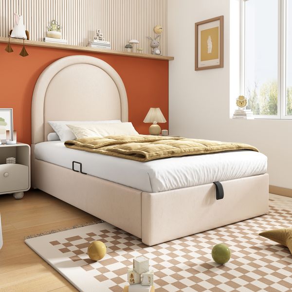 Polsterbett 90×200 cm aus Kunstleder mit integriertem Stauraum, beige