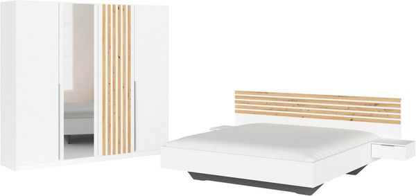rauch Schlafzimmer-Set Komplettzimmer Komplett Set Schrank 226 cm Bett 160/180 cm LAMELLA, (Set, 4-tlg, 3 verschiedene Ausstattungen BASIC/CLASSIC/PREMIUM (inkl. SOFT-CLOSE), elegante Lamellen-Auflage in 3D Akustikpaneel Optik MADE IN GERMANY