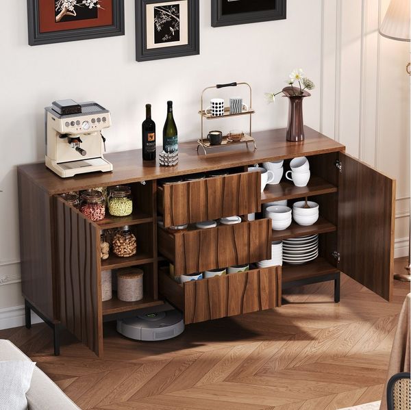 Flieks Kommode mit 3 Schubladen und 2 Türen (1 St, 150x40x80 cm, mit verstellbare Regal), Sideboard Küchenschrank Wohnzimmer Eichefarbe