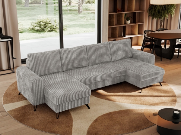 U-förmige Ecksofa, XXL Universalecke mit losen Kissen zum Wohnzimmer, Bettkästen und Schlaffunktion, schwarze Metallbeine - AXEL U - Hellgrau Cord