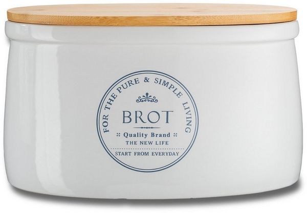KHG Vorratsdose für Brot aus Steinzeug mit Holzdeckel und Belüftung, Steingut, Belüftete Aufbewahrungsdose für frisches Brot – im Landhausstil