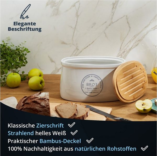 KHG Vorratsdose für Brot aus Steinzeug mit Holzdeckel und Belüftung, Steingut, Belüftete Aufbewahrungsdose für frisches Brot – im Landhausstil