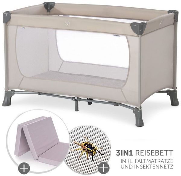Hauck Baby-Reisebett Dream'n Play - Beige 120x60, Kinderreisebett mit Matratze (6 cm Höhe), Moskitonetz & Tasche faltbar