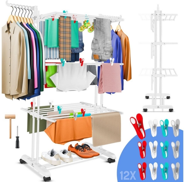 KESSER® Wäscheständer-Turm mit Rädern Platzsparender Wäschetrockner für Innen & Außen 4-Etagen 2 drehbare Seitenflügel und 6 klappbare Ebenen Standtrockner Wäscheturm Zusammenklappbar Weiß / Weiß