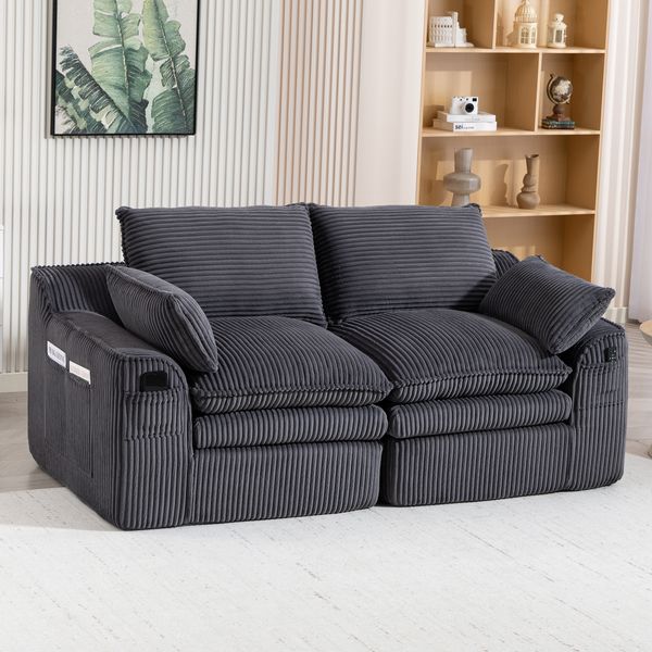 2-Sitzer Sofa 191 x 94 x 85 cm aus Cord in Dunkelgrau – mit Seitentaschen, Kissen und Federkern