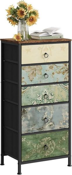 Woltu Hochkommode, mit 5 Schubladen, mit Vintage-Blumenmotiv, 45x95x30 cm