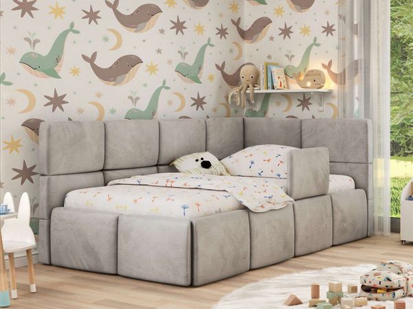 Jugendbett, Kinderbett mit Kopfteil ARVO ALTA 90x200 cm, Polsterbett mit Stauraum, hoher Schlafkomfort - Hellgrau Velvet - Rechts - VIRE LUX