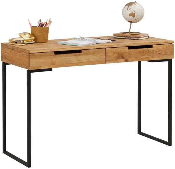 Home affaire Schreibtisch (Maße (B/T/H): 110/45/76 cm), Laptoptisch, Eichenholz, mit 2 Schubladen, filigranes Metallgestell