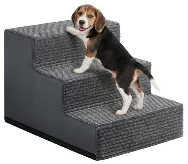 FEANDREA Hundetreppe für Kleine Hunde, 3 Stufen Waschbare Katzentreppe aus Schaumstoff für Sofa, 46 x 40 x 33 cm, Grau