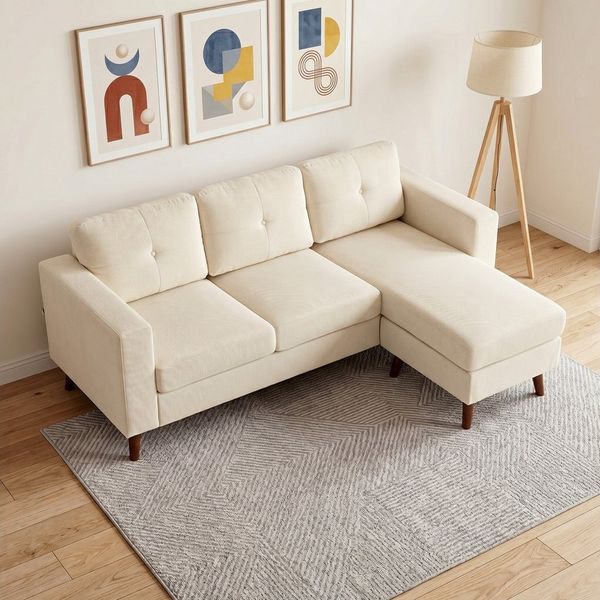 HOMCOM Ecksofa mit umkehrbarer Chaiselongue, Cord-Optik, Eckcouch 1 Teile, für kleinen Raum, Wohnzimmer, Cremeweiß