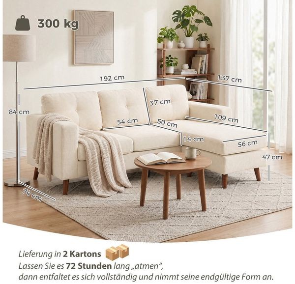 HOMCOM Ecksofa mit umkehrbarer Chaiselongue, Cord-Optik, Eckcouch 1 Teile, für kleinen Raum, Wohnzimmer, Cremeweiß Bild 3
