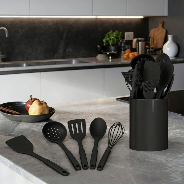 OKWISH Kochbesteck-Set 12er Küchenhelfer Set Kochgeschirr Küchenutensilien (Gesund Silikon Kochset Antihaft Hitzebeständig mit Utensilienhalter, 12-tlg, Silikonspatel, Utensilien-Set, Kochutensilien, Silikon, einteilig), Kochzubehör für kochen und back...