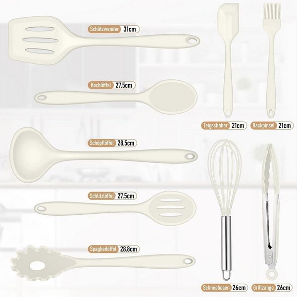 LuxusKollektion Silikonform Küchenhelfer Silikon 9tlg Pfannenwender Grillzange antihaft Weiß