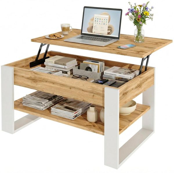 TREND WERK Couchtisch Lift-Couchtisch höhenverstellbar Sofatisch 92×54 cm mit Stauraum, verstecktem Fach Wohnzimmertisch Holz modern