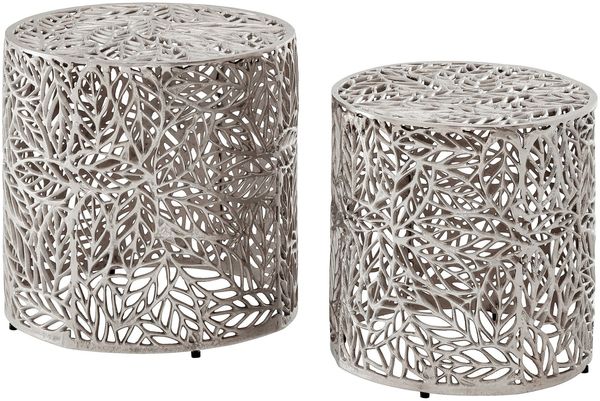 Satztisch Aluminium 2er Set rund silber - Beistelltisch mit Blattmuster - Dekotisch Couchtisch Alu Design - Metalltisch modern - Wohnzimmertisch Set Handmade