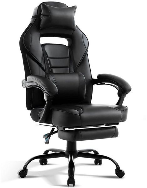 GarveeMore Gaming-Stuhl mit Fußstütze und Lendenwirbelstütze,360° drehbarer Computer-Bürostuhl, ergonomischer Computer-Spiel-Schreibtischstuhl,bis 136 kg,PU-Leder