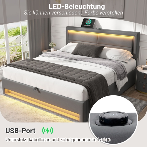 Merax Polsterbett LED Doppelbett 140x200cm mit USB-Anschluss und hydraulischem Stauraum, grau Bild 6