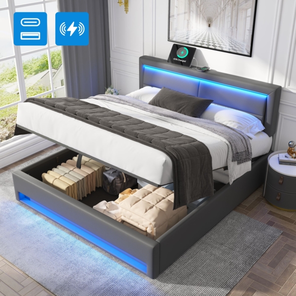 Merax Polsterbett LED Doppelbett 140x200cm mit USB-Anschluss und hydraulischem Stauraum, grau