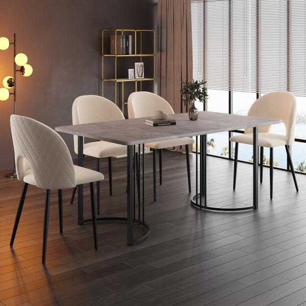 Merax Essgruppe, (Set,140×80cm Esstisch mit 4 Stühlen), Moderner Küchentisch Set, Samt Esszimmerstuhl Mit Diamantmuster, Verstellbare Stuhlbeine, Beige Samt, MDF Tischplatte in Grau, Schwarz Tischbeine