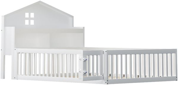Kinderbett Hausform 140x200 cm mit Kreidetafel, Regalen & Tür,Massivholz Bodenbett,Weiß Bild 9