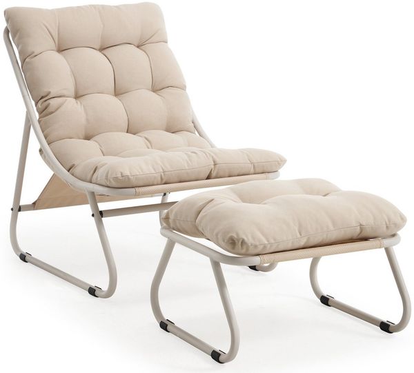 SeedWave Loungesessel mit Ottoman Liegestuhl Stahlgestell Gartenstuhl mit Trennbaren Pölster (bestehend aus Sessel und Hocker), Outdoor Terrassenstuhl für Garten usw. Außenbereich