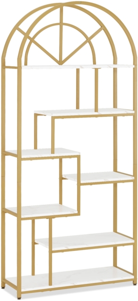 BarberPub Bücherregal, Standregal mit 7 Ebenen, Büroregal mit Metallrahmen, Regal für Büro, Wohnzimmer, Schlafzimmer, Küche, Nagelstudio, Marmor-Weiß Gold, 30x80x180cm, 5183
