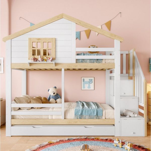 Flieks Etagenbett, Kinderbett Hausbett 90x200cm mit Ausziehbett 90x190cm & Stauraumtreppe