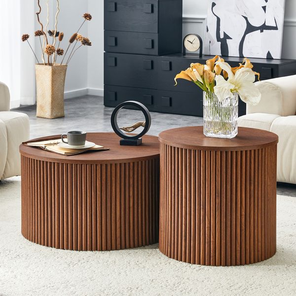 2-teiliges Couchtisch-Set H 50 x T 110 x B 65 cm mit Stauraum, MDF in Walnussoptik, rundes Nesting-Design mit Säulenfuß