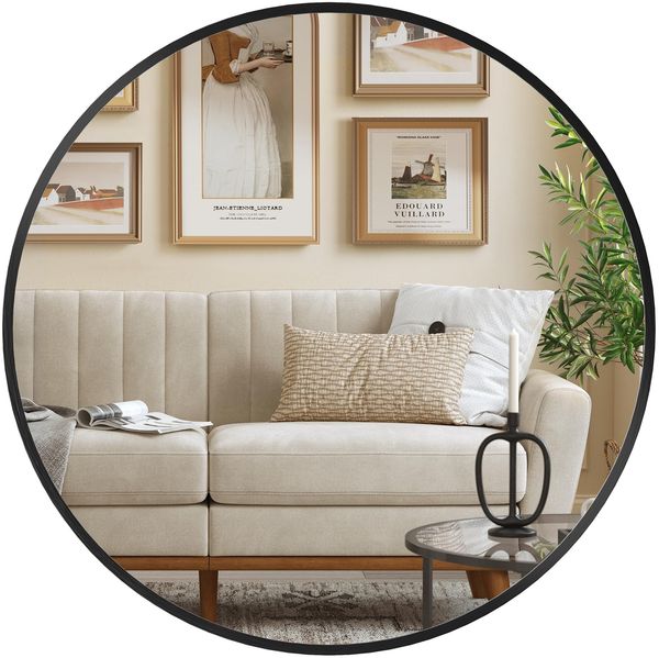 SONGMICS 50 cm d Spiegel rund, runder Spiegel, Wandspiegel, Metallrahmen, einfache Montage, modern, für Bad, Wohnzimmer, Schlafzimmer, Flur, Eingangsbereich, tintenschwarz LWM101BD03