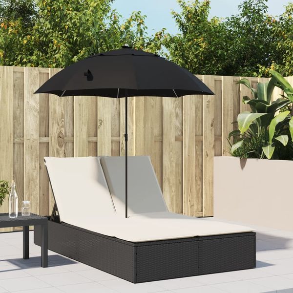Doppel-Sonnenliege | Gartenliege mit Kissen&Sonnenschirm Schwarz Poly Rattan