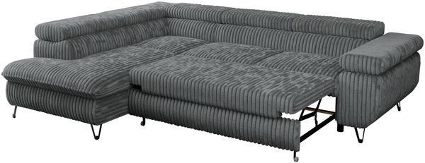 Mks Möbel 'Peter L-form' Ecksofa mit Bettfunktion, Bettkasten & einstellbaren Kopfstützen, Dunkelgrau, Cord, mit Topper, links Bild 6