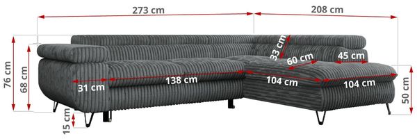 Mks Möbel 'Peter L-form' Ecksofa mit Bettfunktion, Bettkasten & einstellbaren Kopfstützen, Dunkelgrau, Cord, mit Topper, links Bild 7