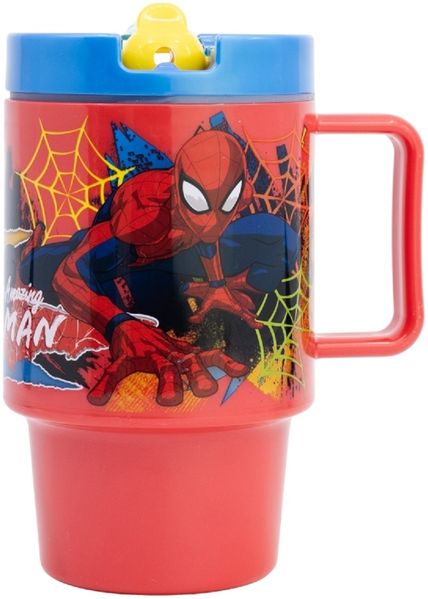 Spiderman Becher Mikrowellengeeigneter Kunststoffbecher 530 ml mit Schraubdeckel – Motivbecher für Kinder