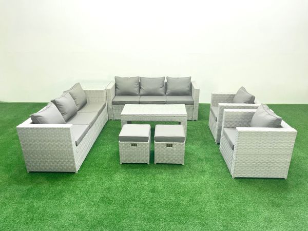 Fimous Gartenmöbelset Polyrattan mit 2 Sesseln Rechteckiger Couchtisch 2 kleine Fußhockern Beistelltisch Hellgrau gemischt