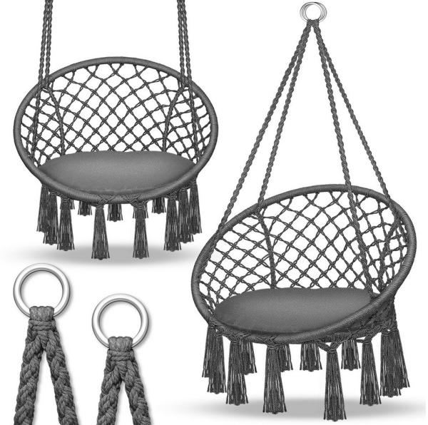 tillvex Hängesessel, anthrazit, wetterfest mit Kissen, zum Aufhängen für Indoor & Outdoor, bis 200 kg belastbar