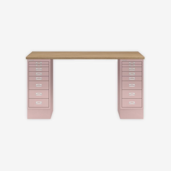 MultiDesk, 2 MultiDrawer mit 8 Schüben, Dekor natürliche Eiche, Farbe Pastellpink, Maße: H 740 x B 1400 x T 600 mm