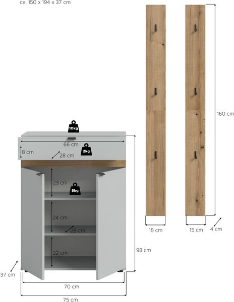 Garderobenkombination B/H/T: 150x194x37 cm in grau Nachbildung und Evoke Oak Nachbildung Bild 4