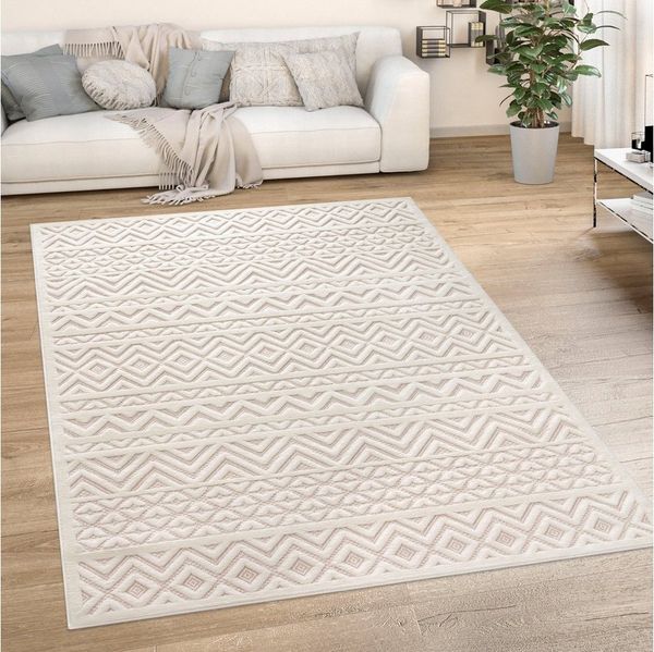 Paco Home Teppich Livorno 673, rechteckig, Höhe: 14 mm, Uni-Farben, Scandi, Rauten Muster, Hoch-Tief Effekt, Outdoor geeignet