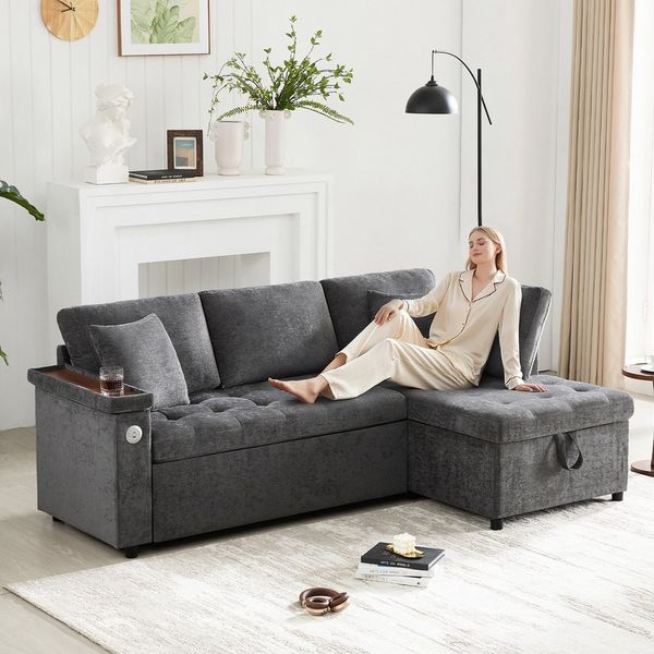 i@home Ecksofa L-Sofa, Schlafsofa,Beige/Grau, mit Stauraum, USB-Ladegerät, Armlehnen-Stauraum und 2 Kissen