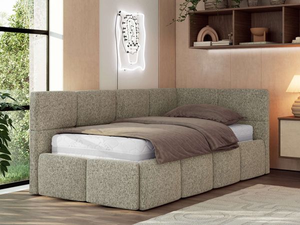 Jugendbett 90x200 ARVO Polsterbett mit Bettkasten, Stauraum & Gasdruckfeder, Modernes Design mit Kopfteil, Foam Matratze - Dunkelbeige Strukture - MIRO LUX - Rechts Seite