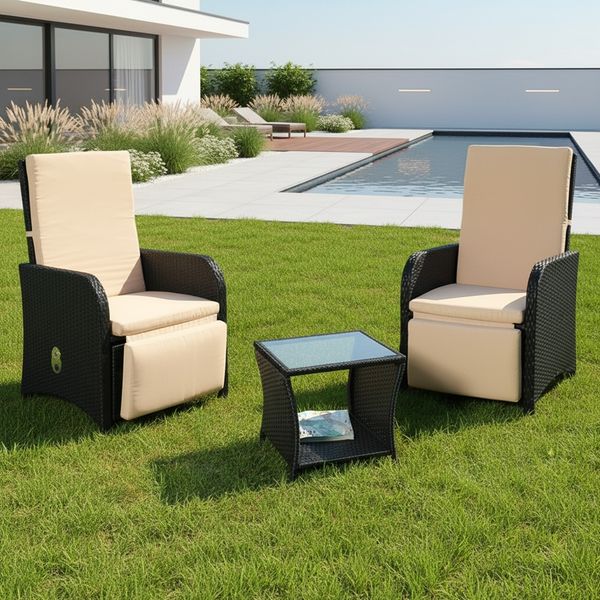 Polyrattan Gartenset 2 Sessel + Tisch schwarz Sitzgarnitur Gartenmöbel Stuhl
