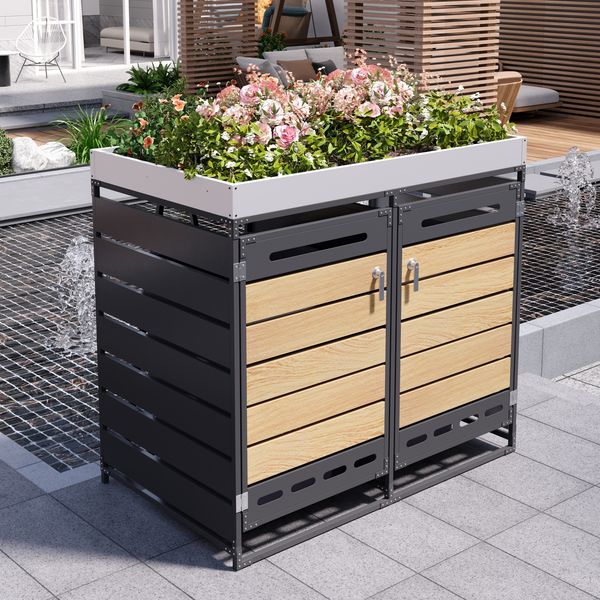 Mülltonnenbox mit Pflanzkasten, horizontale Holzoptik-Leisten, langlochrissige Belüftung, ganzer eiserner Garten-Aufbewahrungsschrank mit Schloss