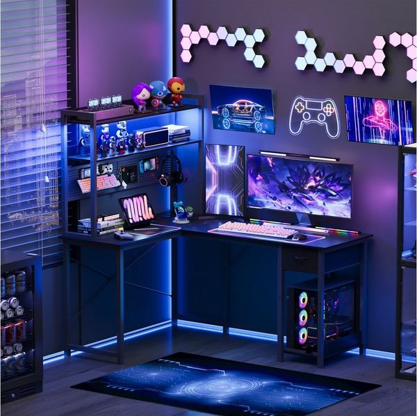 UDPATIO Gamingtisch Gaming Eckschreibtisch mit Lochwand, Regal, Steckdosen & USB, schwarz (1-St), Gaming Setup, Home Office, Steckdosen, Lochwand, L-Form