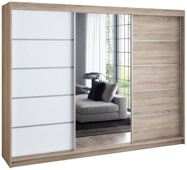 A&J MöbelLand GmbH Schiebetürenschrank VILUNO mit 4 Schubladen und Spiegel (nur für kurze Zeit! TOP ANGEBOT! Geräumiger Schrank mit einer Breite von 200 cm und Spiegel, ideal zur Aufbewahrung von Kleidung und Accessoires. 4 Schubladen und viel Stauraum...