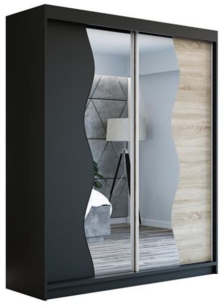 Schwebetürenschrank RIMA 2-türig Schrank 160 cm (mit Spiegel) Farbe: Schwarz , sonoma