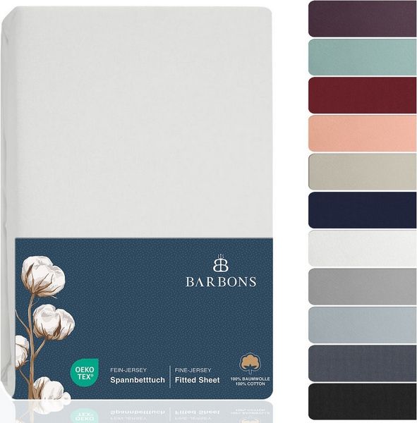 BARBONS Spannbettlaken Jersey Bettlaken, 145 g/m² Spannbetttuch, bis zu 25cm Höhe, Topper, Jersey aus 100% Baumwolle, Gummizug: rundum, (1 Stück), Rundumgummi, Atmungsaktiv