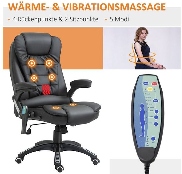 HOMCOM Massagesessel Bürosessel Bürostuhl Chefsessel Gamingsessel 6 Punkt Vibrations Massage mit Wärmefunktion drehbar (Schwarz) Bild 4