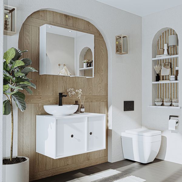 Roomart GUSTO-I-75 Badmöbel Set– 3-teiliges Badezimmermöbel Set - Unterschrank, Waschbecken & Spiegelschrank - H 45 x B 45 x T 75 cm • Weiß